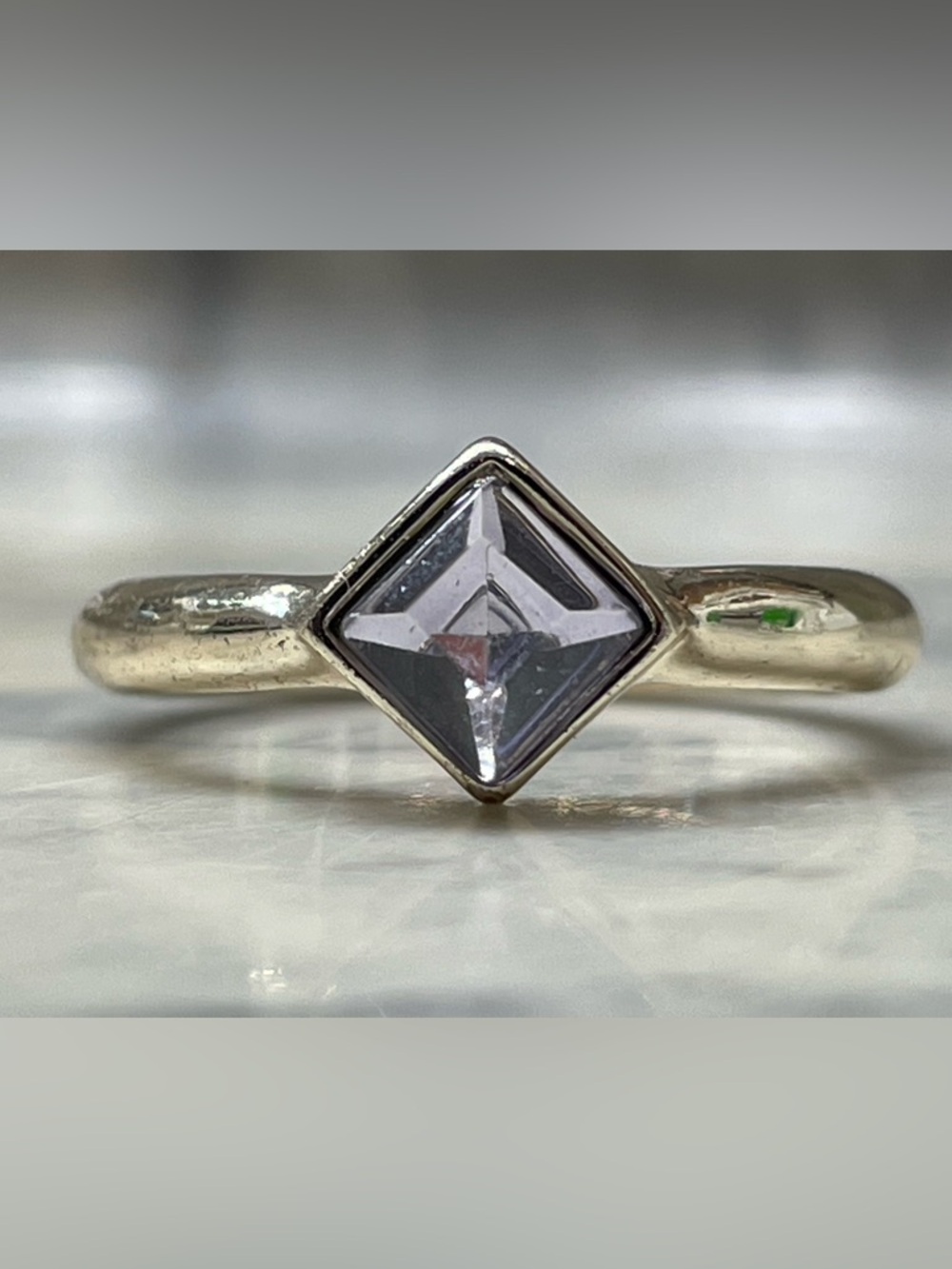 Silver Band Ring with Clear Square-Cut Gem size 7